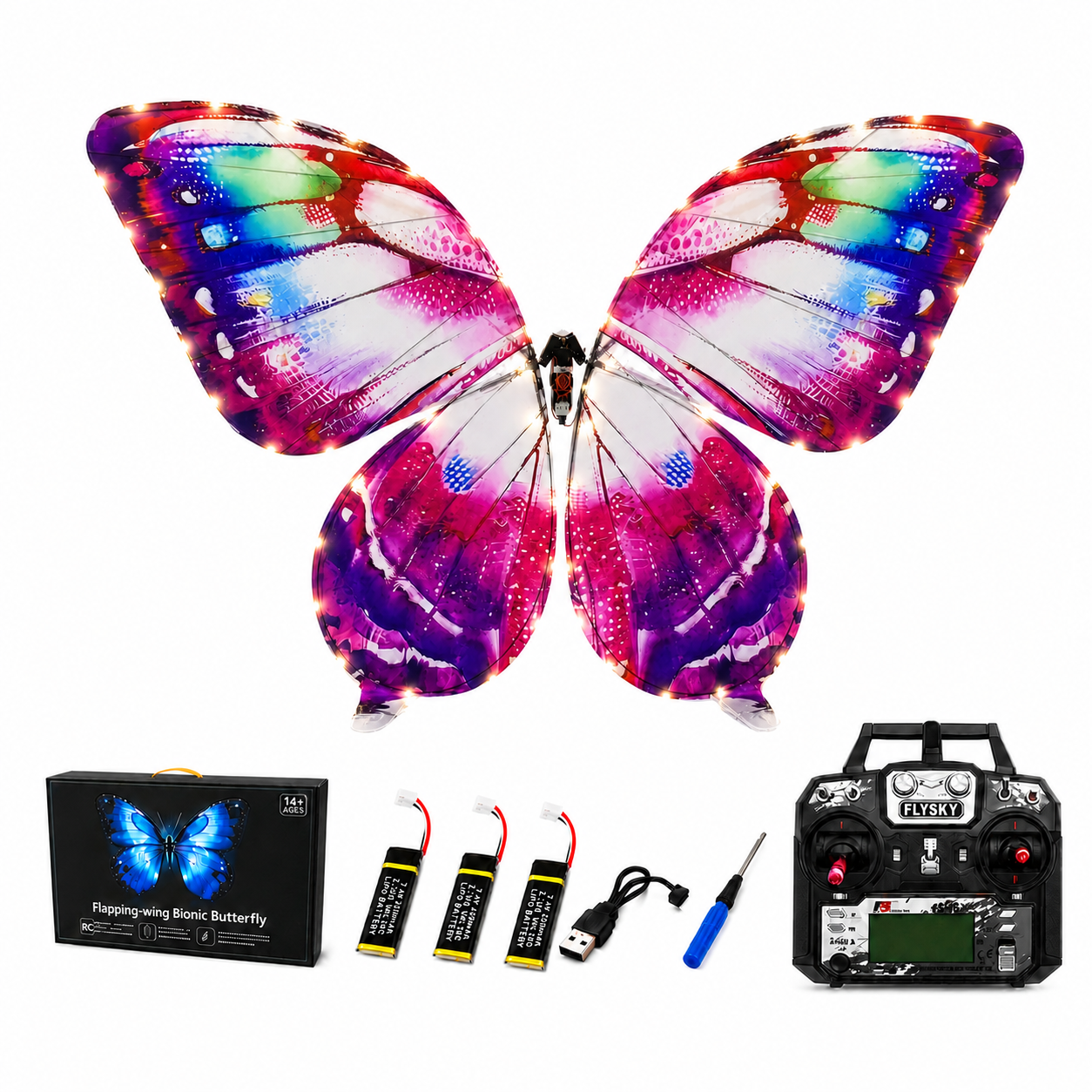 Purple RC Flying Butterfly Plus – Bionic Flapping Wing with LED & Flysky Remote