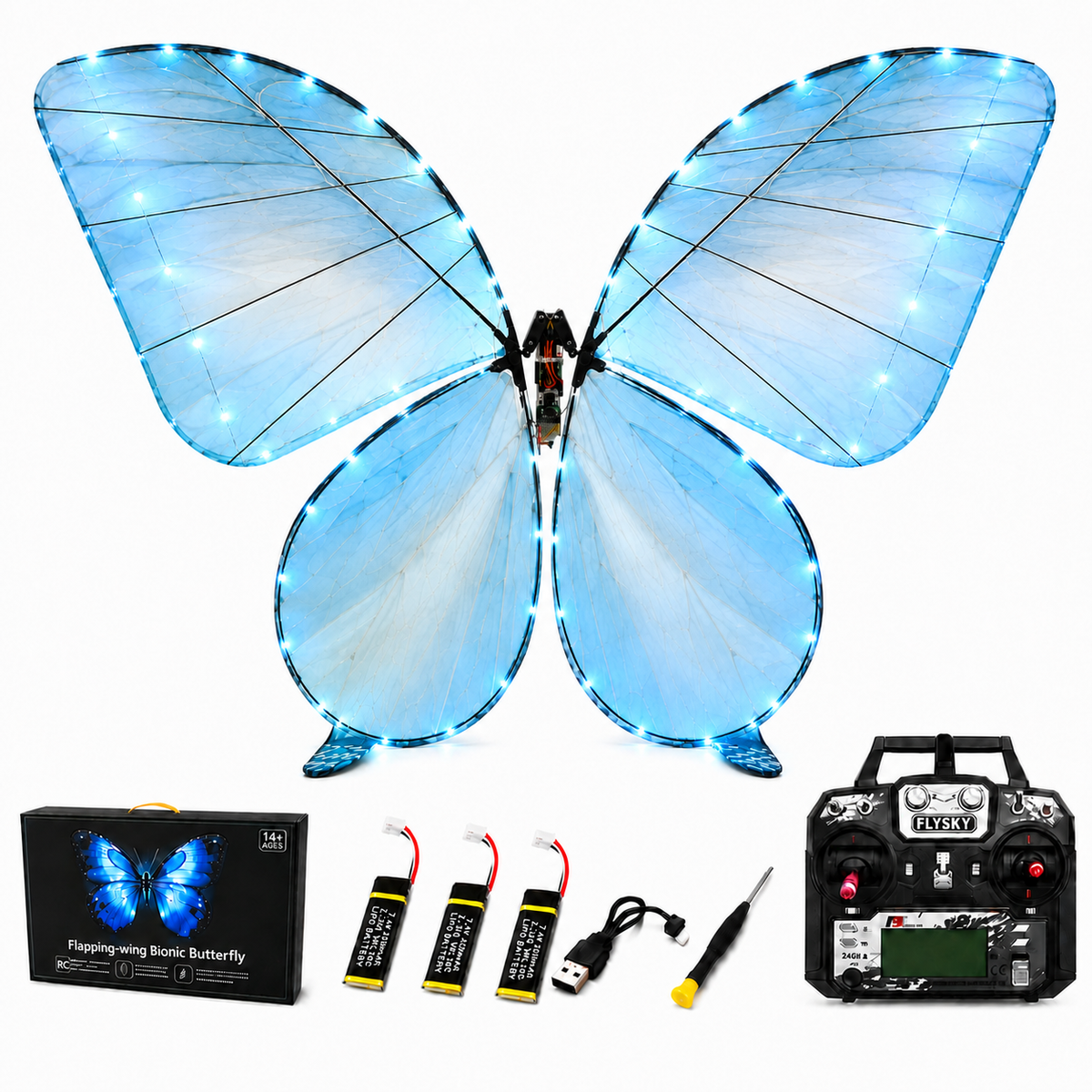 Light Blue RC Flying Butterfly Plus– Bionic Flapping Wing with LED & Flysky Remote