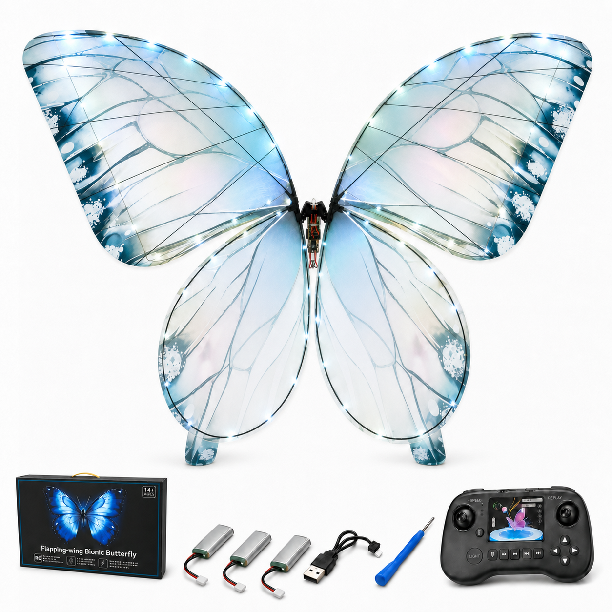 Ice Blue RC Flying Butterfly – Bionic Flapping Wing Ornithopter with LED