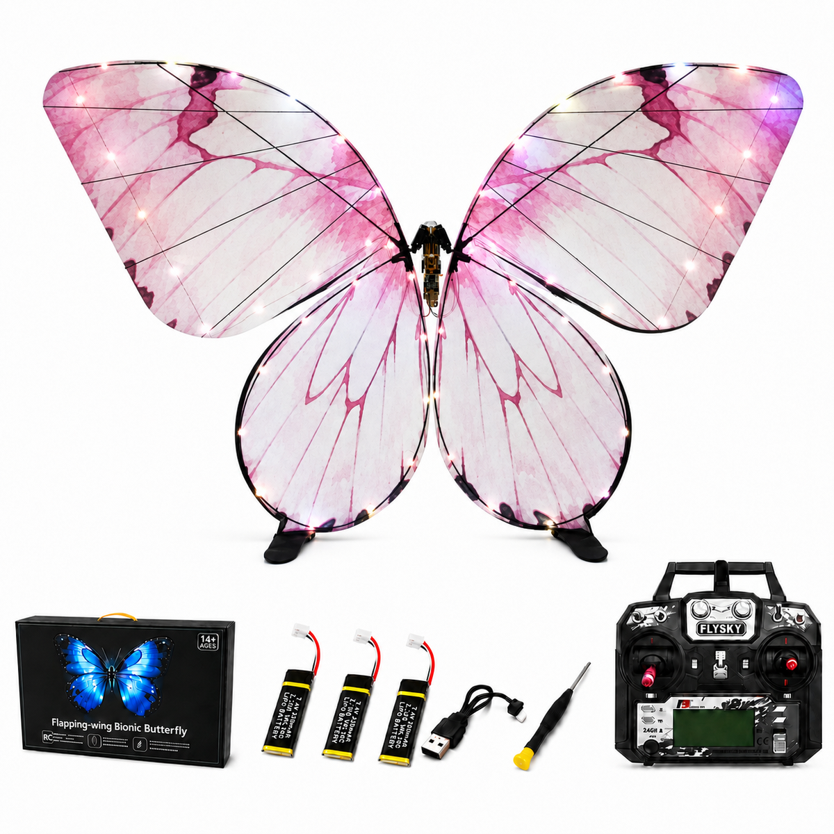Light Pink RC Flying Butterfly Plus – Bionic Flapping Wing with LED & Flysky Remote