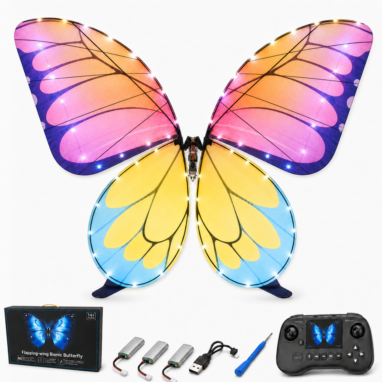 Purple Yellow RC Flying Butterfly – Bionic Flapping Wing Ornithopter with LED