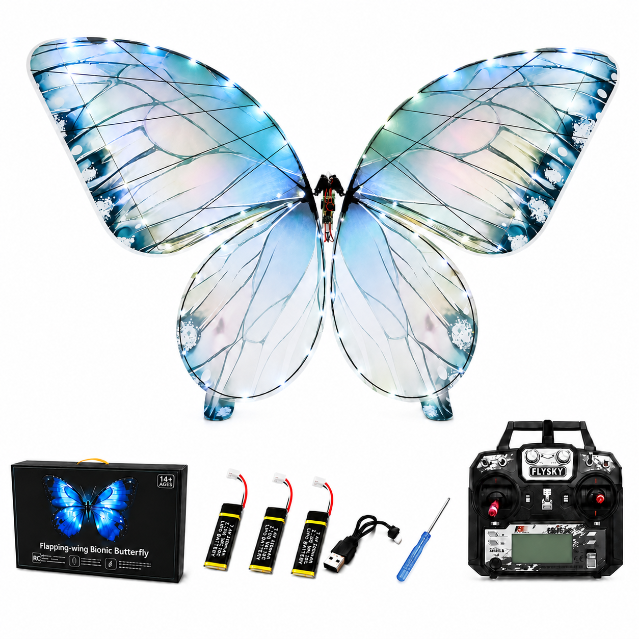 Ice Blue RC Flying Butterfly Plus – Bionic Flapping Wing with LED & Flysky Remote