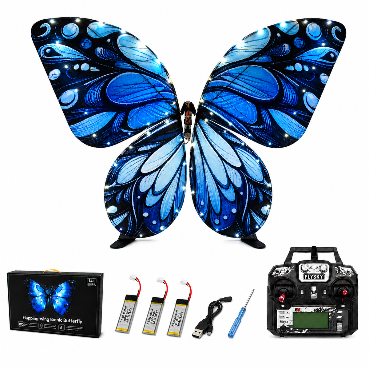 Galaxy Blue RC Flying Butterfly Plus – Bionic Flapping Wing with LED & Flysky Remote