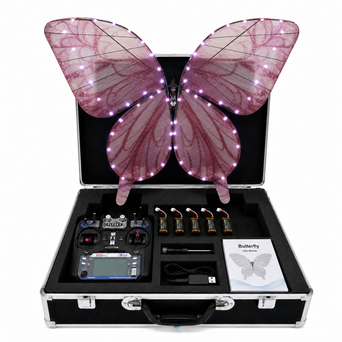 Pink RC Bionic Flapping-Wing Butterflies – Premium | LED Lights, FlySky Transmitter & Aluminum Case