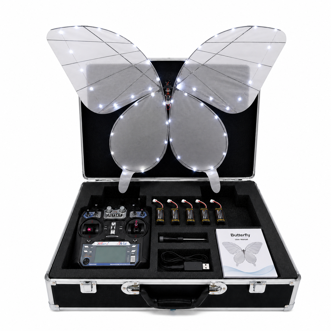 White RC Flying Butterfly Premium – Bionic Flapping Wing with LED & Flysky Remote