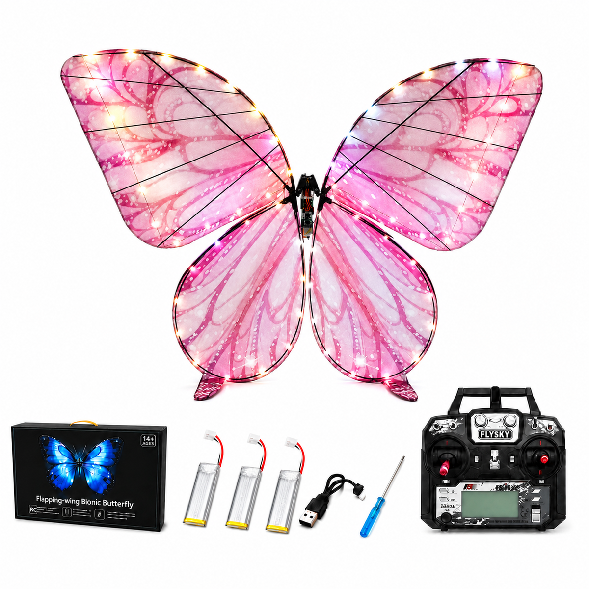 Pink RC Flying Butterfly Plus – Bionic Flapping Wing with LED & Flysky Remote