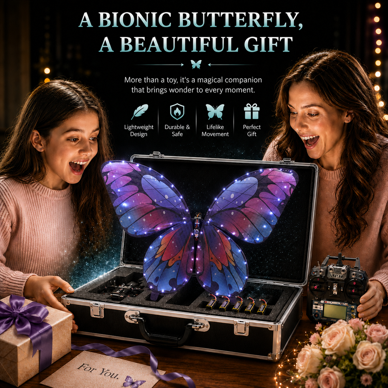 Galaxy Purple RC Flying Butterfly Premium – Bionic Flapping Wing with LED & Flysky Remote