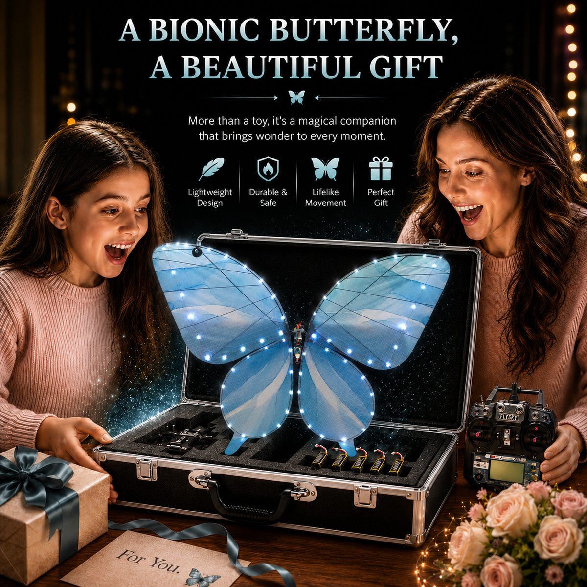 Light Blue RC Flying Butterfly Premium – Bionic Flapping Wing with LED & Flysky Remote