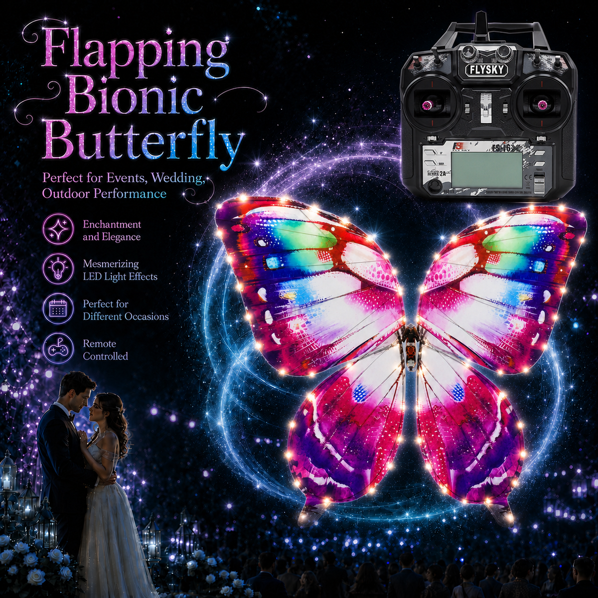 Purple RC Flying Butterfly Plus – Bionic Flapping Wing with LED & Flysky Remote