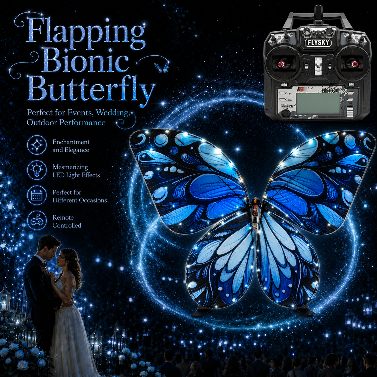 Galaxy Blue RC Flying Butterfly Plus – Bionic Flapping Wing with LED & Flysky Remote