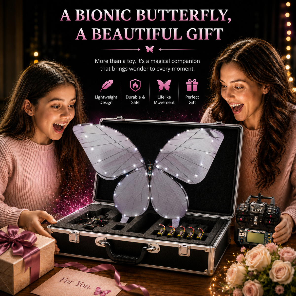 Light Pink RC Flying Butterfly Premium – Bionic Flapping Wing with LED & Flysky Remote