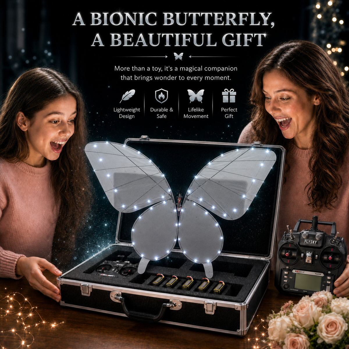 White RC Flying Butterfly Premium – Bionic Flapping Wing with LED & Flysky Remote