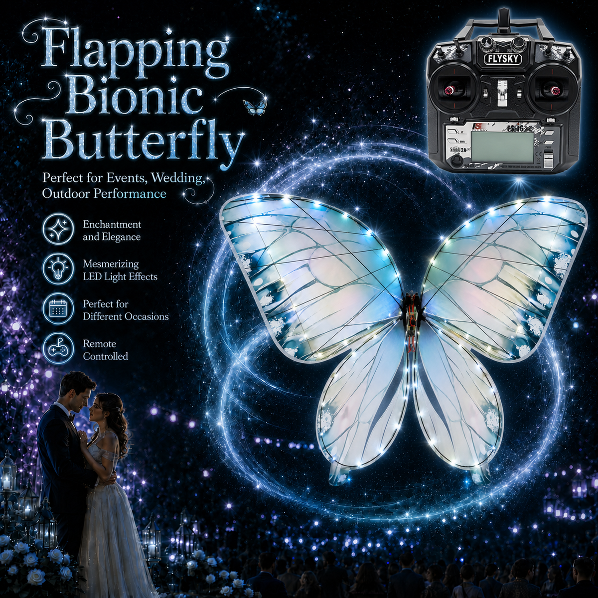 Ice Blue RC Flying Butterfly Plus – Bionic Flapping Wing with LED & Flysky Remote