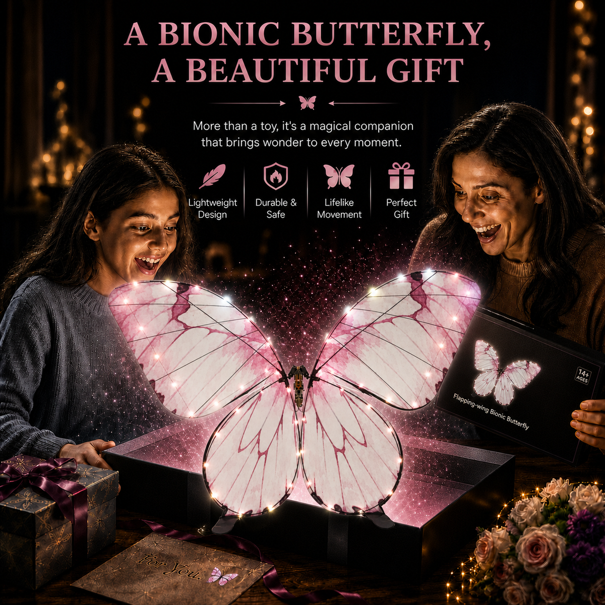 Light Pink RC Flying Butterfly Plus – Bionic Flapping Wing with LED & Flysky Remote