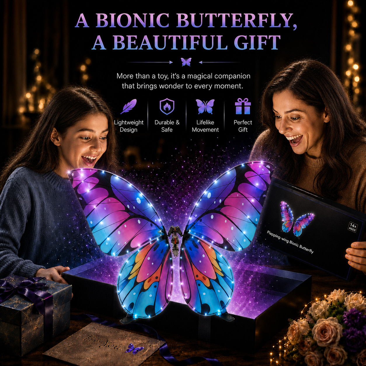 Galaxy Purple RC Flying Butterfly Plus – Bionic Flapping Wing with LED & Flysky Remote