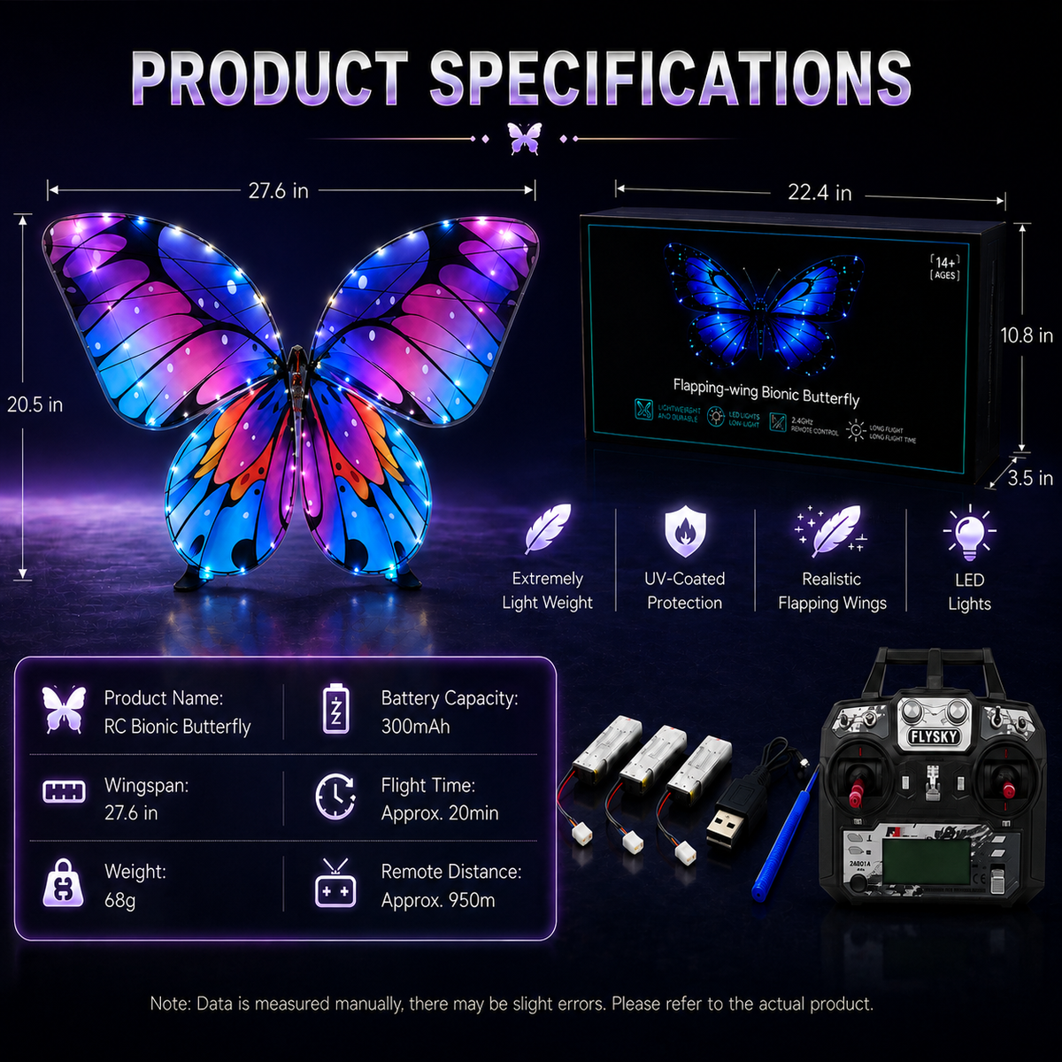 Galaxy Purple RC Flying Butterfly Plus – Bionic Flapping Wing with LED & Flysky Remote