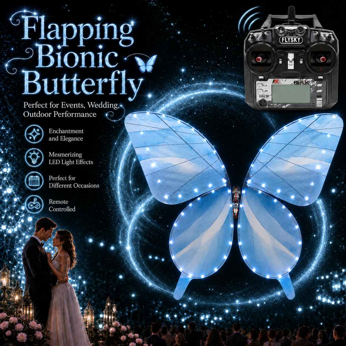 Light Blue RC Flying Butterfly Premium – Bionic Flapping Wing with LED & Flysky Remote