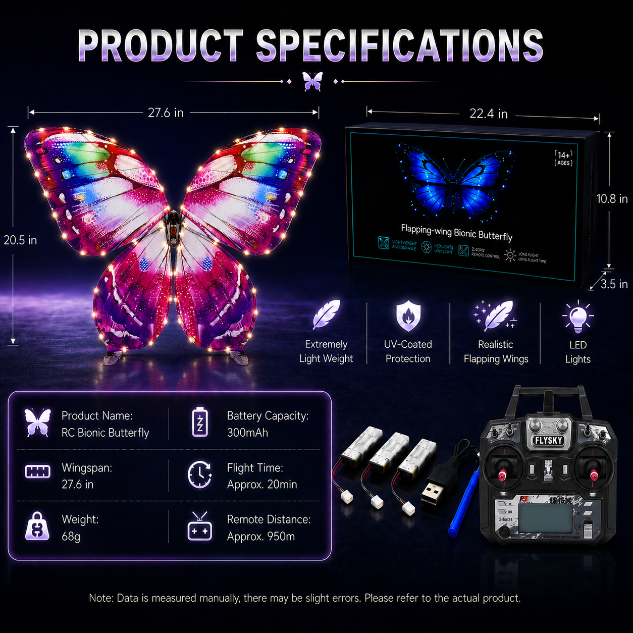 Purple RC Flying Butterfly Plus – Bionic Flapping Wing with LED & Flysky Remote