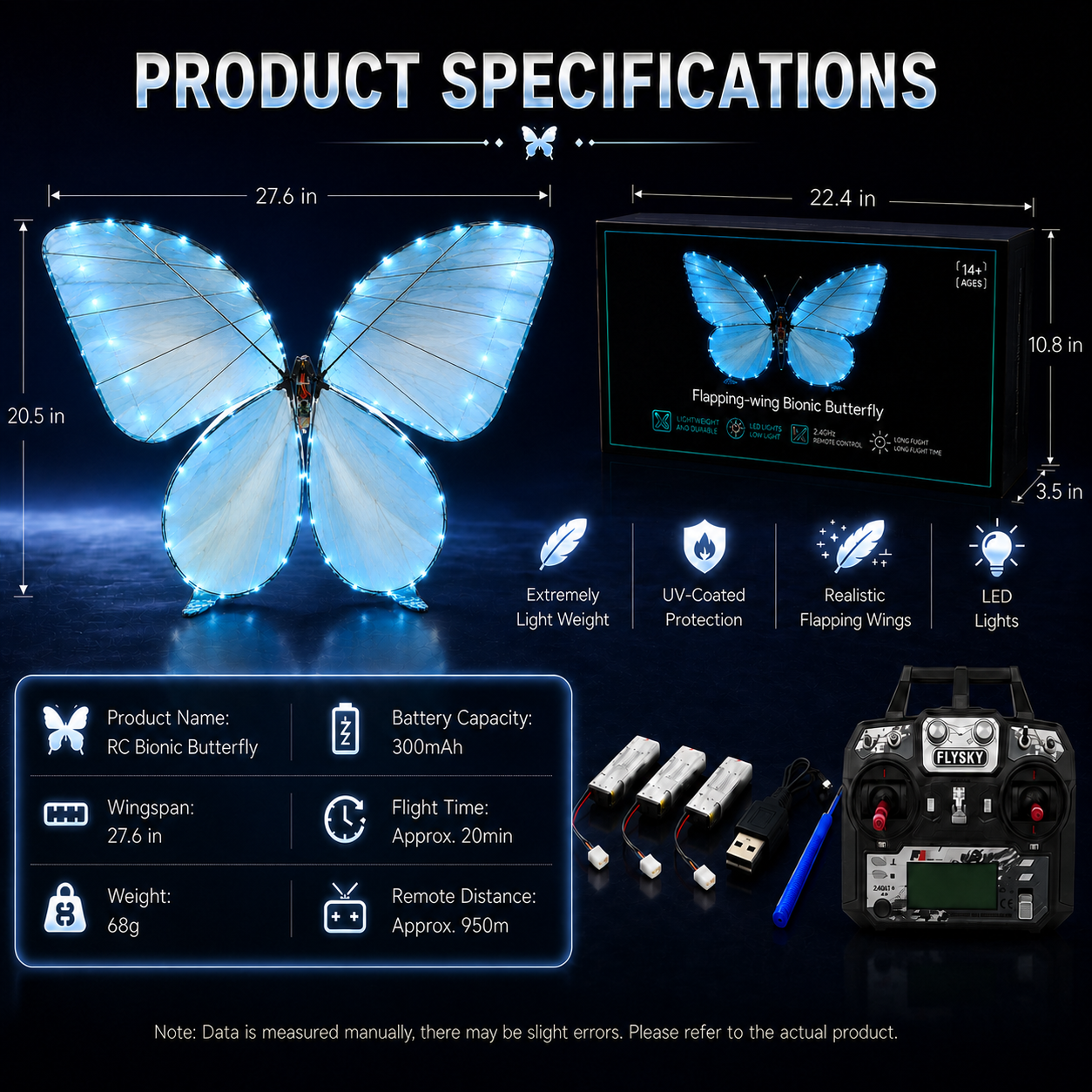 Light Blue RC Flying Butterfly Plus– Bionic Flapping Wing with LED & Flysky Remote