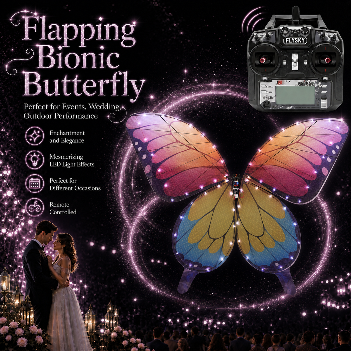 Yellow Pink RC Flying Butterfly Premium – Bionic Flapping Wing with LED & Flysky Remote