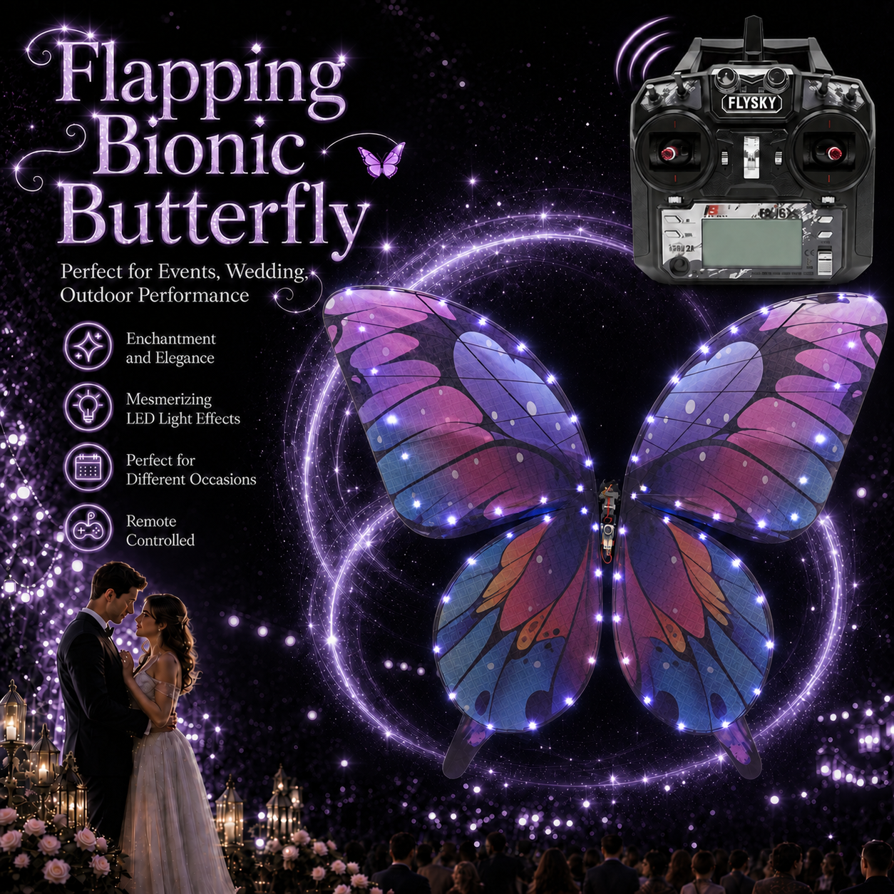 Galaxy Purple RC Flying Butterfly Premium – Bionic Flapping Wing with LED & Flysky Remote
