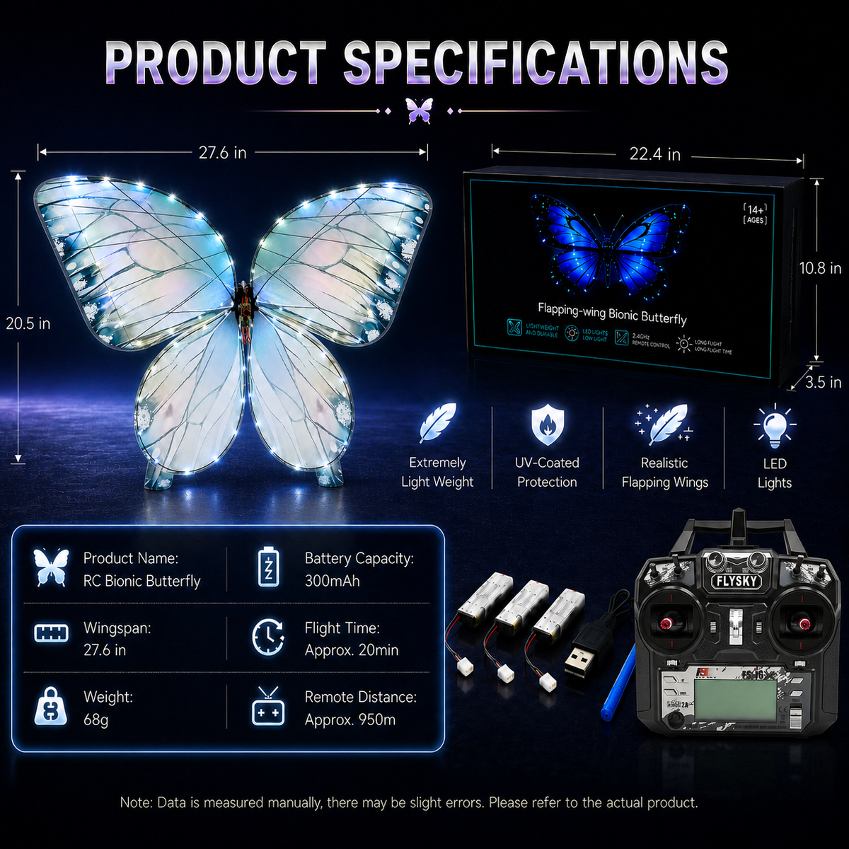 Ice Blue RC Flying Butterfly Plus – Bionic Flapping Wing with LED & Flysky Remote