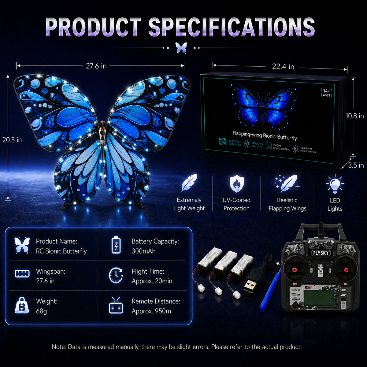 Galaxy Blue RC Flying Butterfly Plus – Bionic Flapping Wing with LED & Flysky Remote