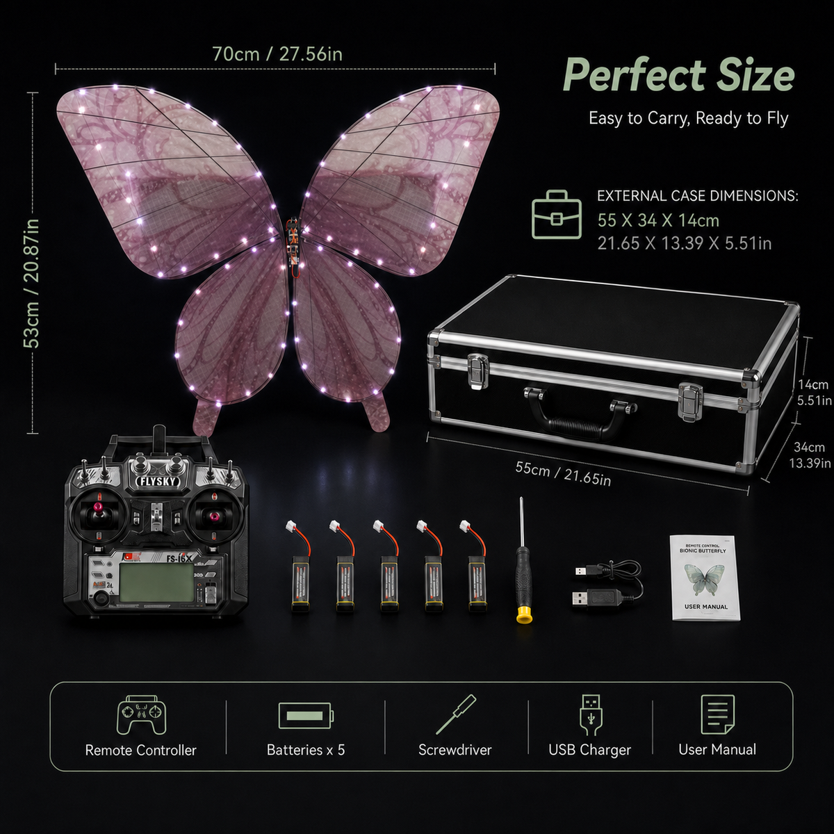 Pink RC Flying Butterfly Premium – Bionic Flapping Wing with LED & Flysky Remote