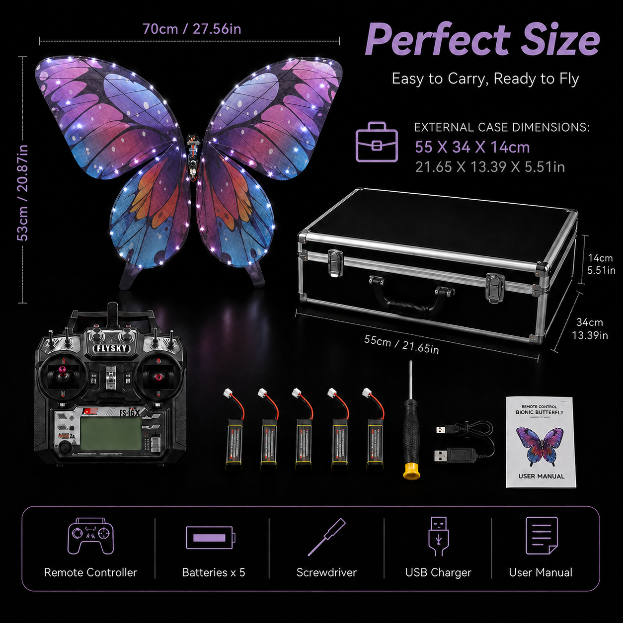 Galaxy Purple RC Flying Butterfly Premium – Bionic Flapping Wing with LED & Flysky Remote