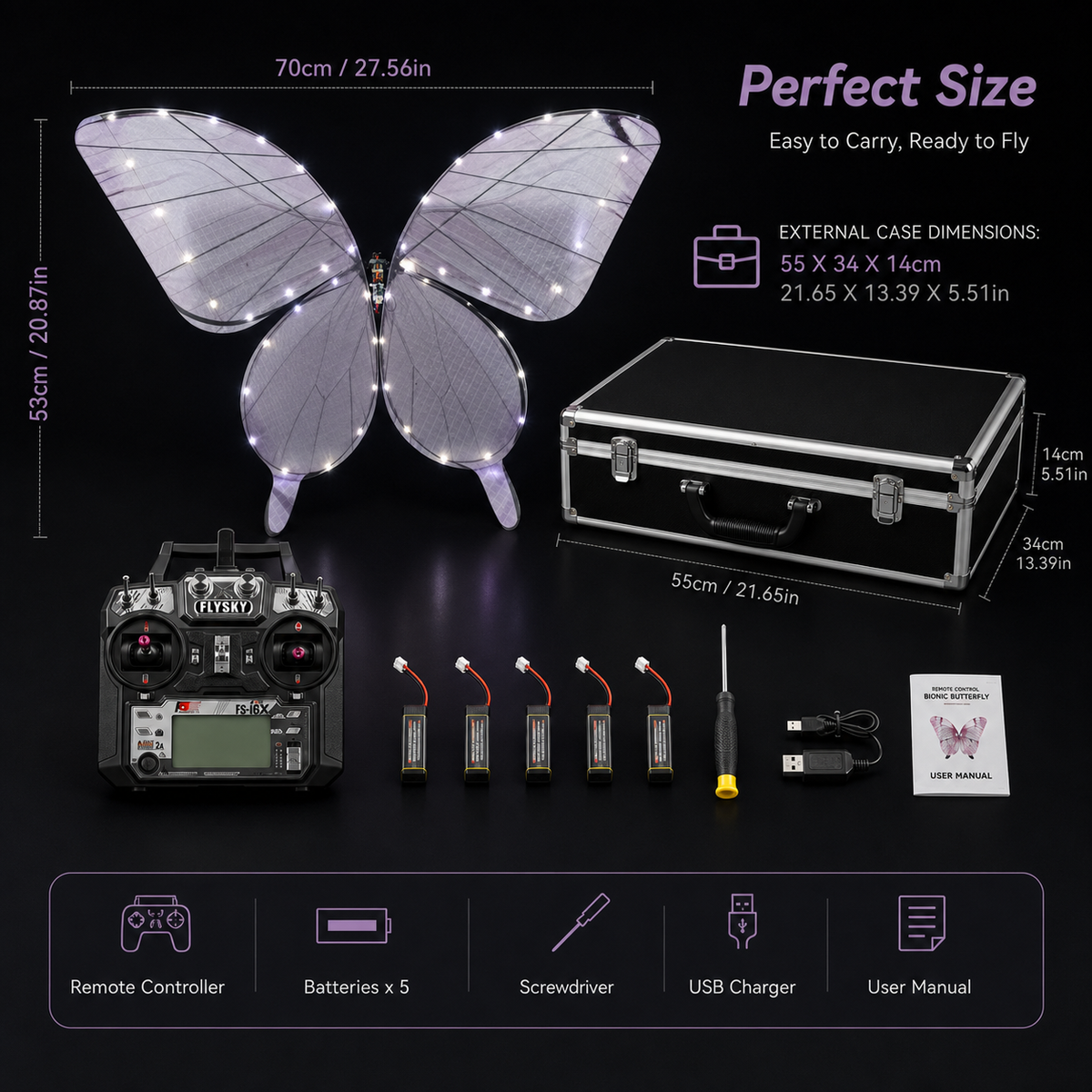 Light Pink RC Flying Butterfly Premium – Bionic Flapping Wing with LED & Flysky Remote