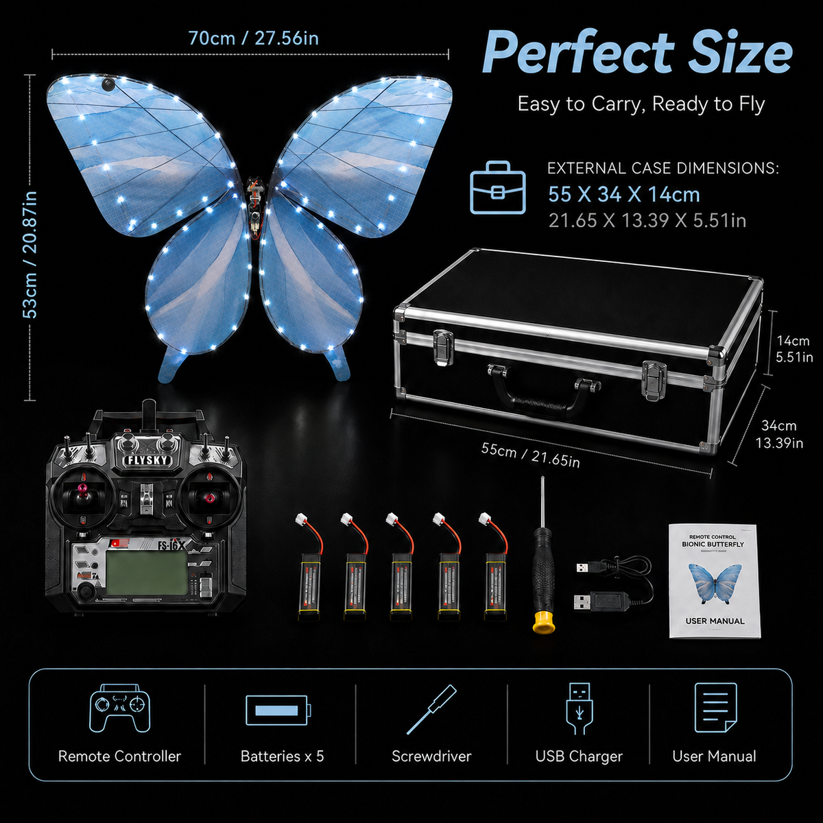 Light Blue RC Flying Butterfly Premium – Bionic Flapping Wing with LED & Flysky Remote