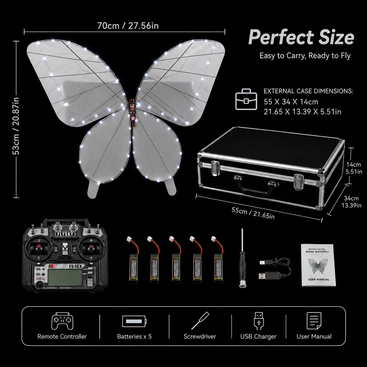 White RC Flying Butterfly Premium – Bionic Flapping Wing with LED & Flysky Remote