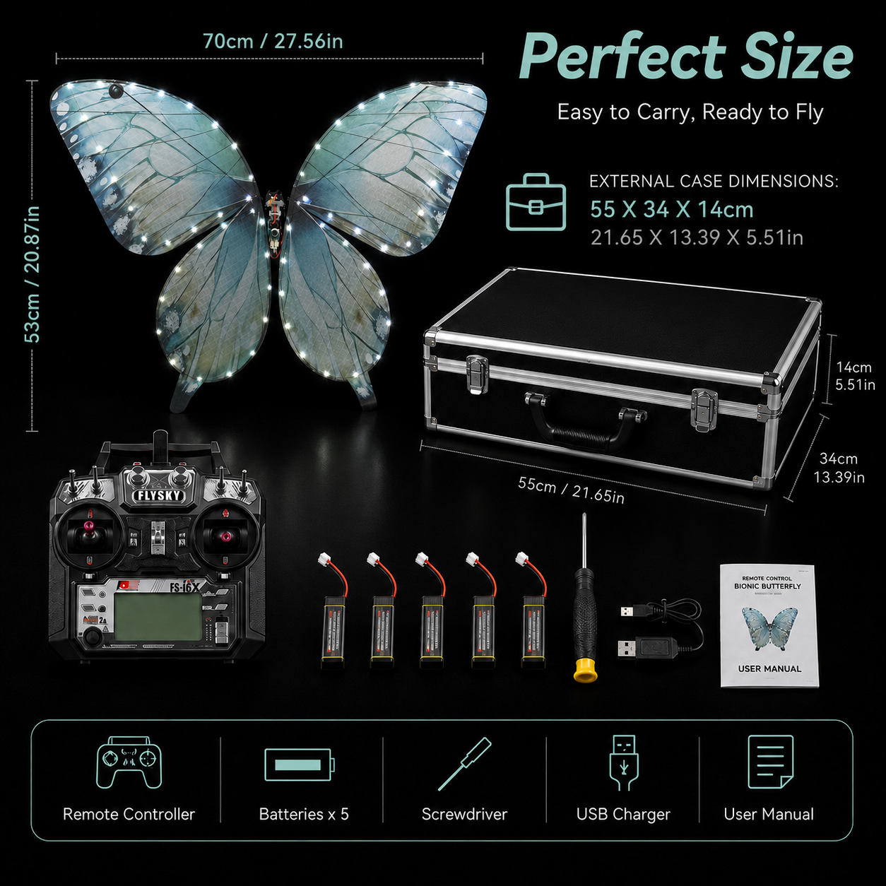 Ice Blue RC Flying Butterfly Premium – Bionic Flapping Wing with LED & Flysky Remote