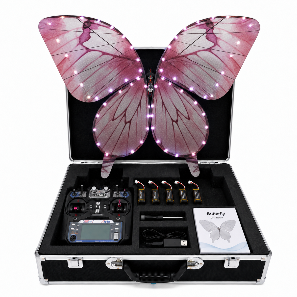 Burgundy RC Bionic Flapping-Wing Butterflies – Premium | LED Lights, FlySky Transmitter & Aluminum Case