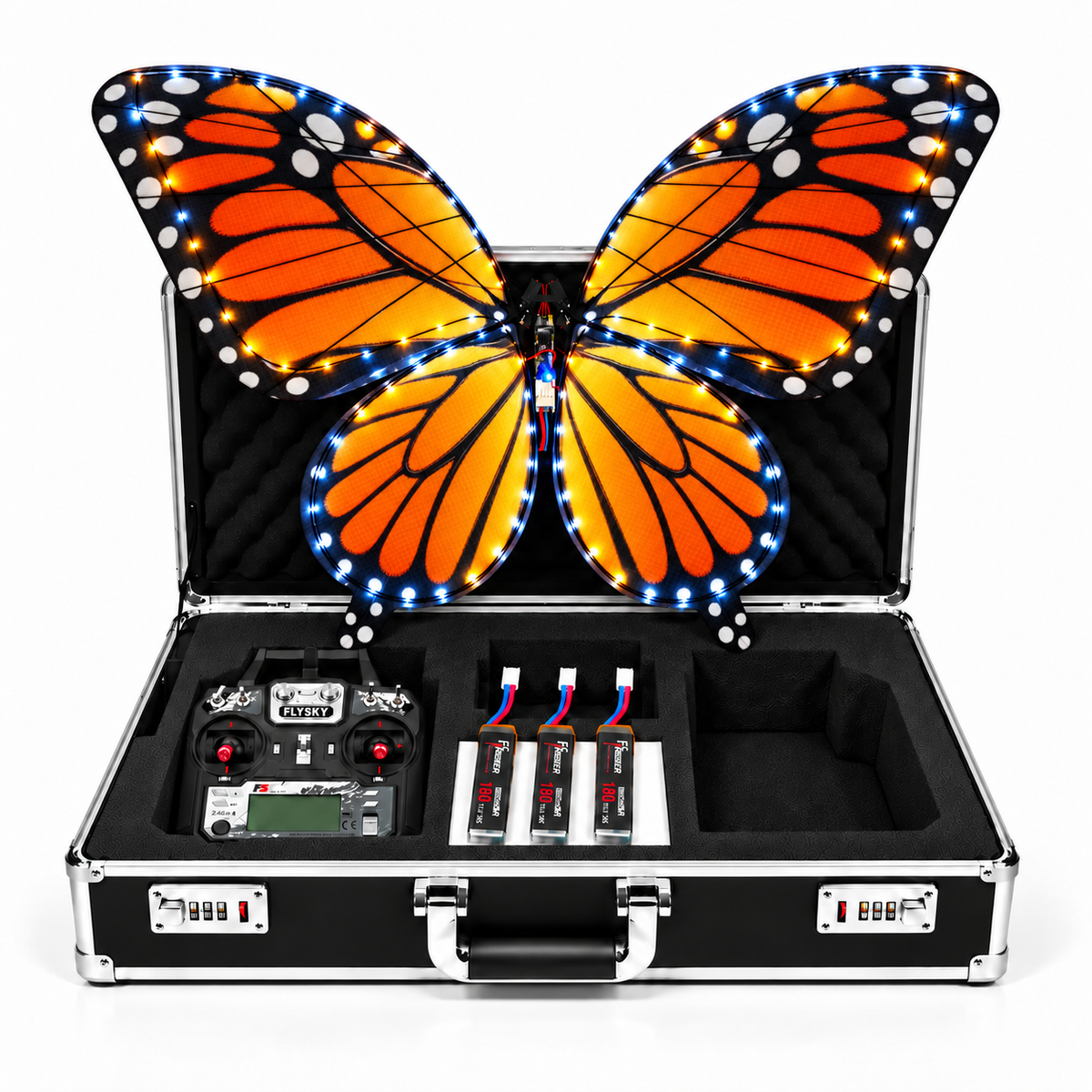 Orange Glow RC Bionic Flapping-Wing Butterflies – Event Version | LED Lights, FlySky Transmitter & Aluminum Case
