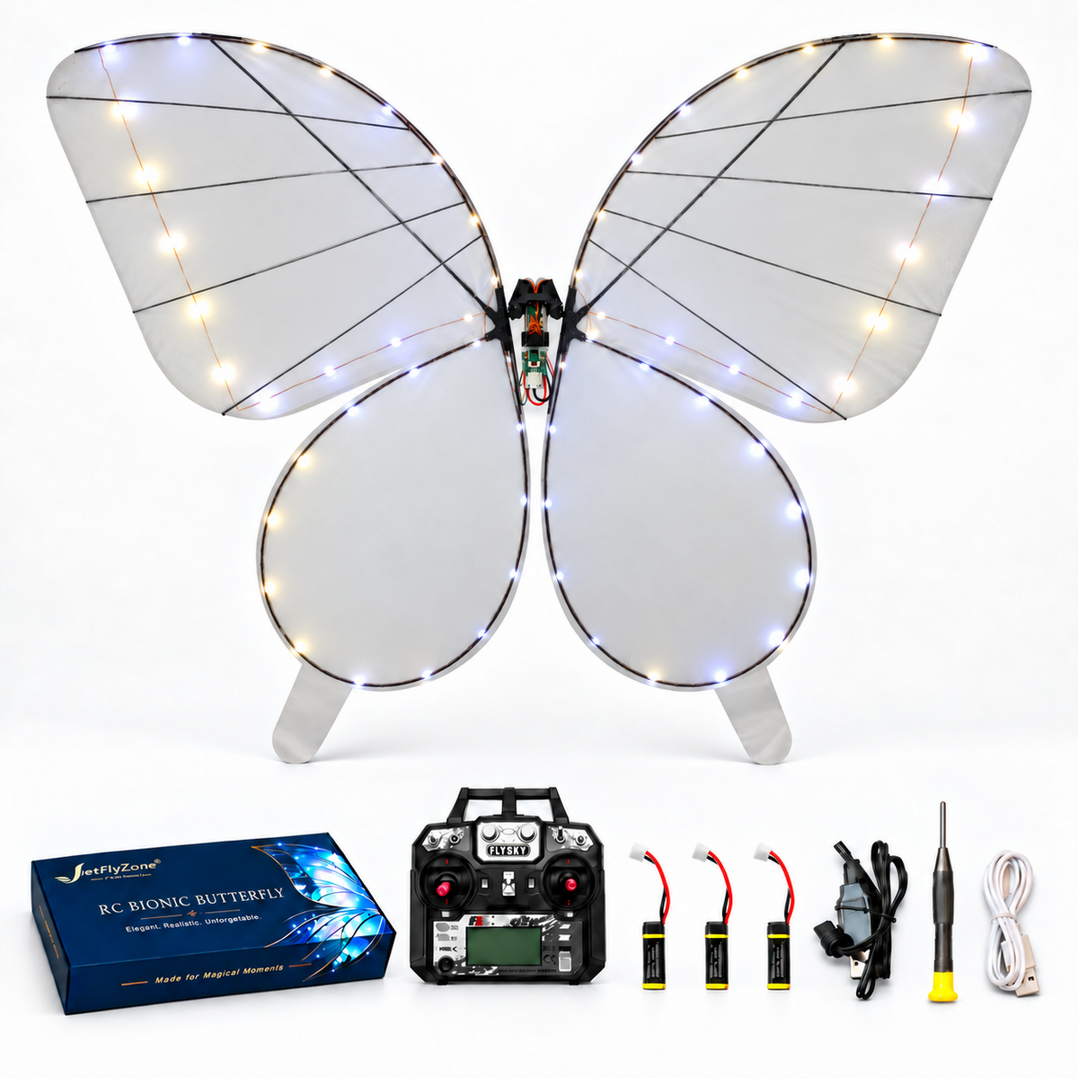 White RC Bionic Flapping-Wing Butterfly – Plus | LED Lights & FlySky Transmitter