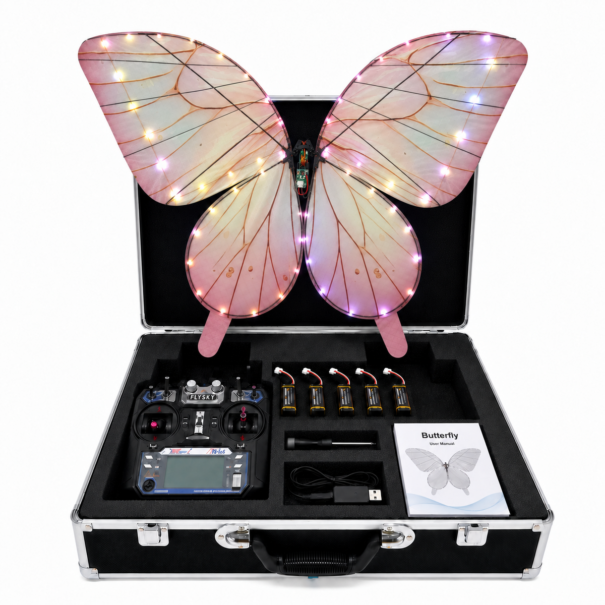 Pearl Pink RC Bionic Flapping-Wing Butterflies – Premium | LED Lights, FlySky Transmitter & Aluminum Case