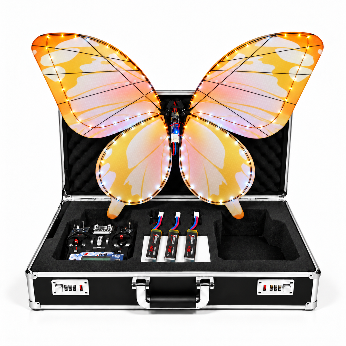 Golden Blush RC Bionic Flapping-Wing Butterflies – Event Version | LED Lights, FlySky Transmitter & Aluminum Case