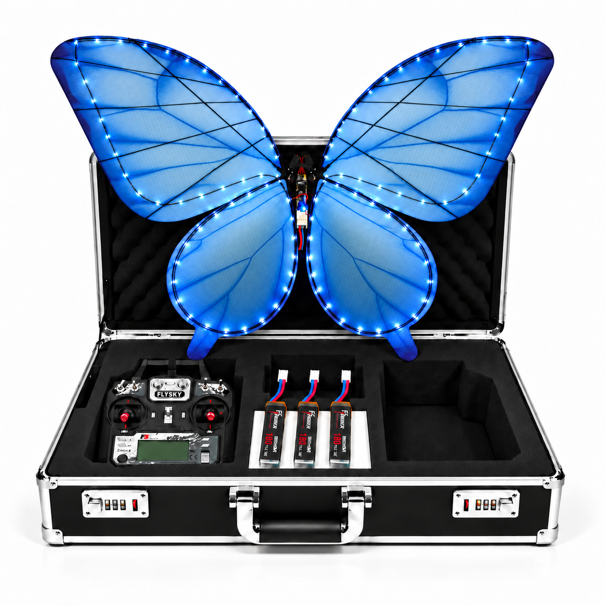 Ocean Blue RC Bionic Flapping-Wing Butterflies – Event Version | LED Lights, FlySky Transmitter & Aluminum Case