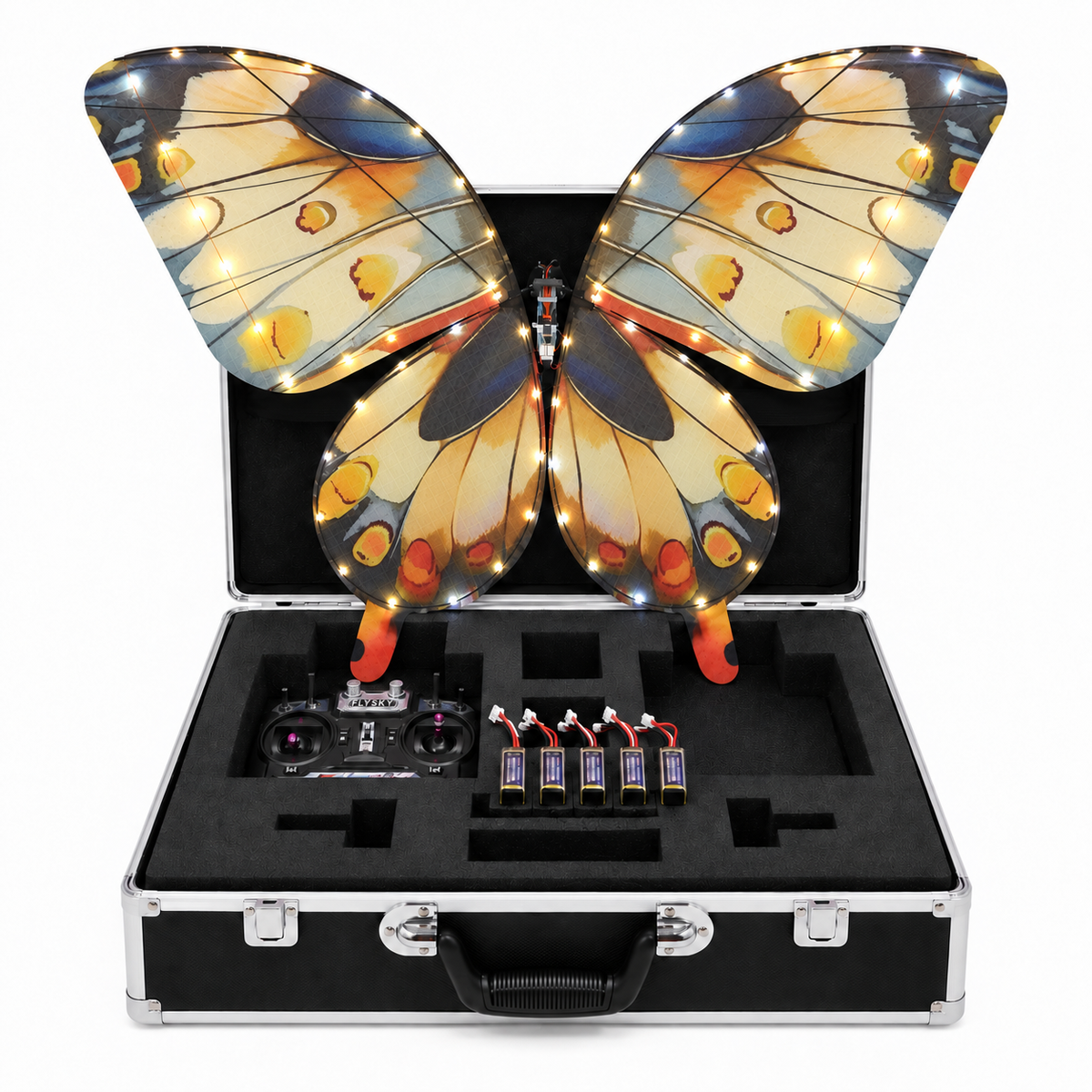 Yellow RC Bionic Flapping-Wing Butterflies – Premium | LED Lights, FlySky Transmitter & Aluminum Case