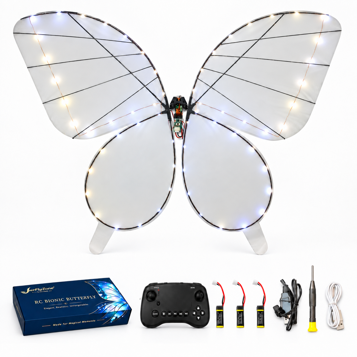 White RC Bionic Flapping-Wing Butterfly – Basic | LED Lights