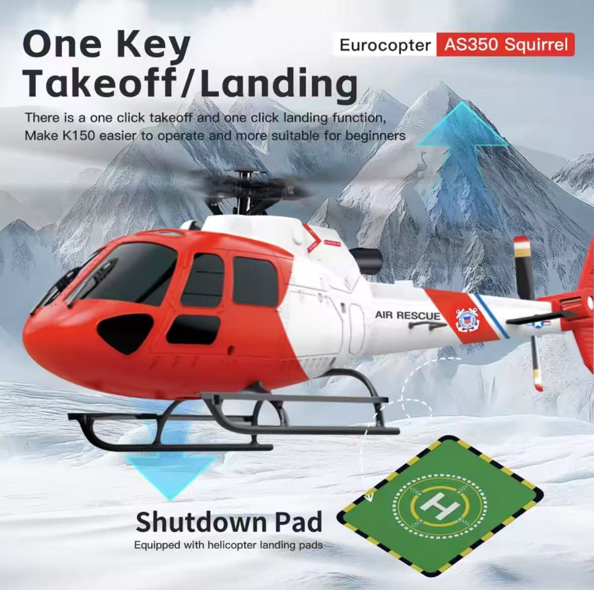 XK K150 AS350 RC Helicopter 4CH 3-Blade No Aileron Optical Flow Altitude Hold, RTF