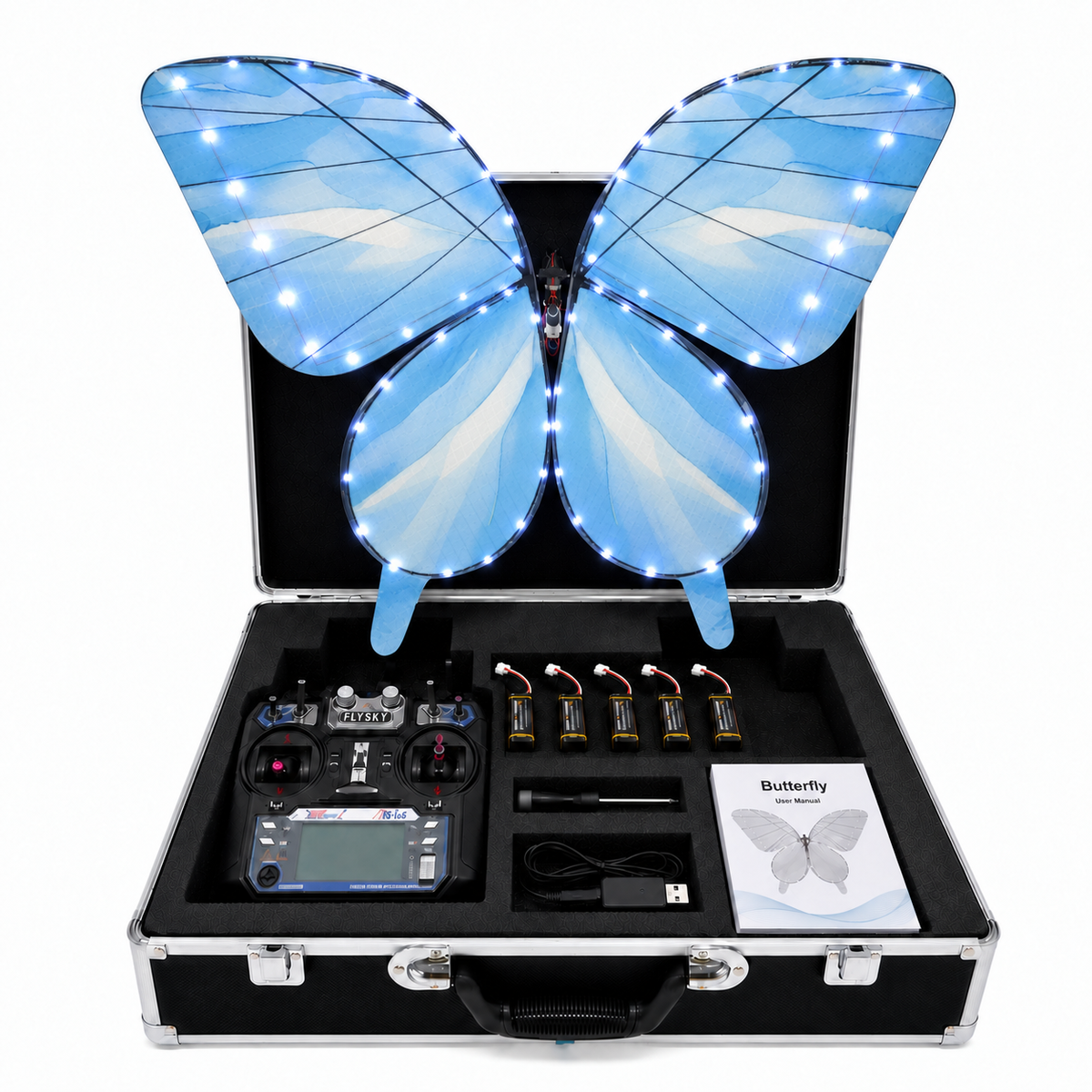 Light Blue RC Bionic Flapping-Wing Butterflies – Premium | LED Lights, FlySky Transmitter & Aluminum Case