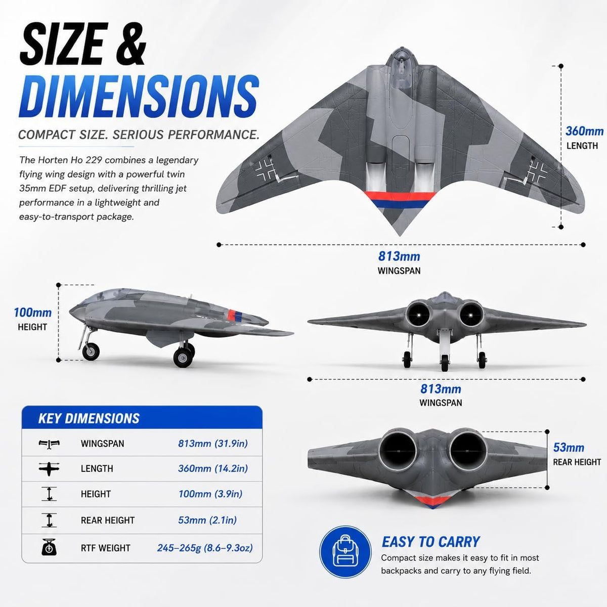 Horten Ho 229 RC Plane PNP, 35mm EDF, 813mm Wingspan Steerable Gear