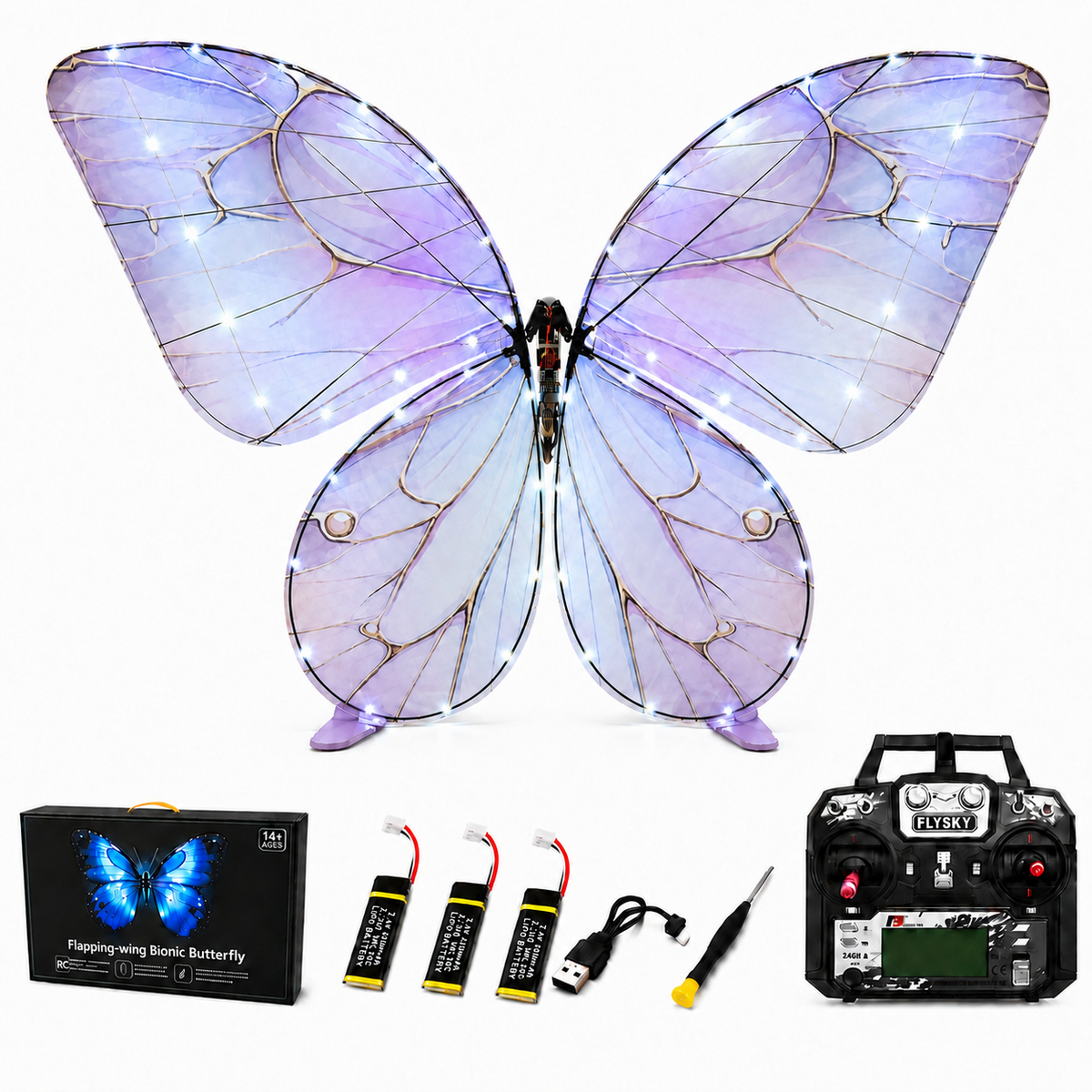 Royal Purple RC Flying Butterfly Plus – Bionic Flapping Wing with LED & Flysky Remote