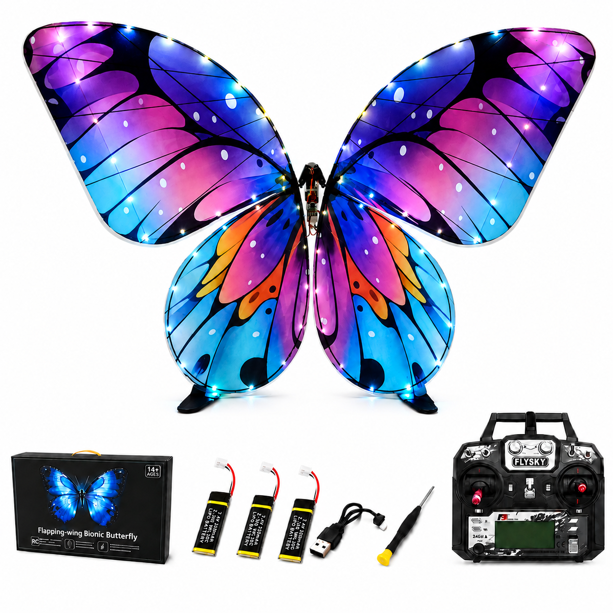 Galaxy Purple RC Flying Butterfly Plus – Bionic Flapping Wing with LED & Flysky Remote