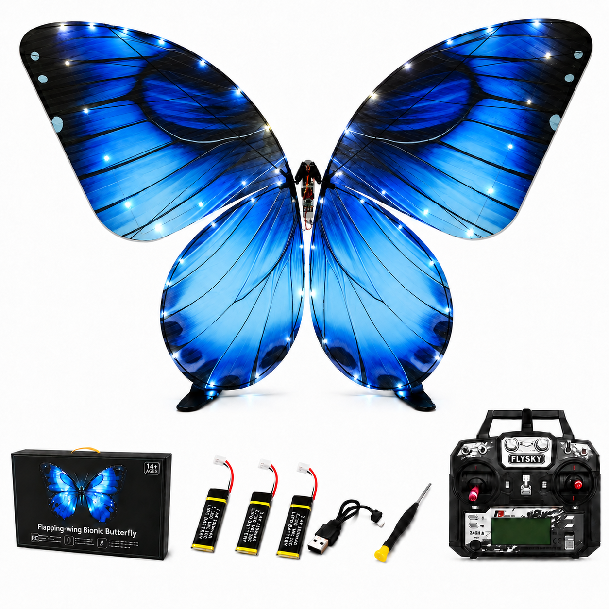 Blue RC Flying Butterfly Plus– Bionic Flapping Wing with LED & Flysky Remote