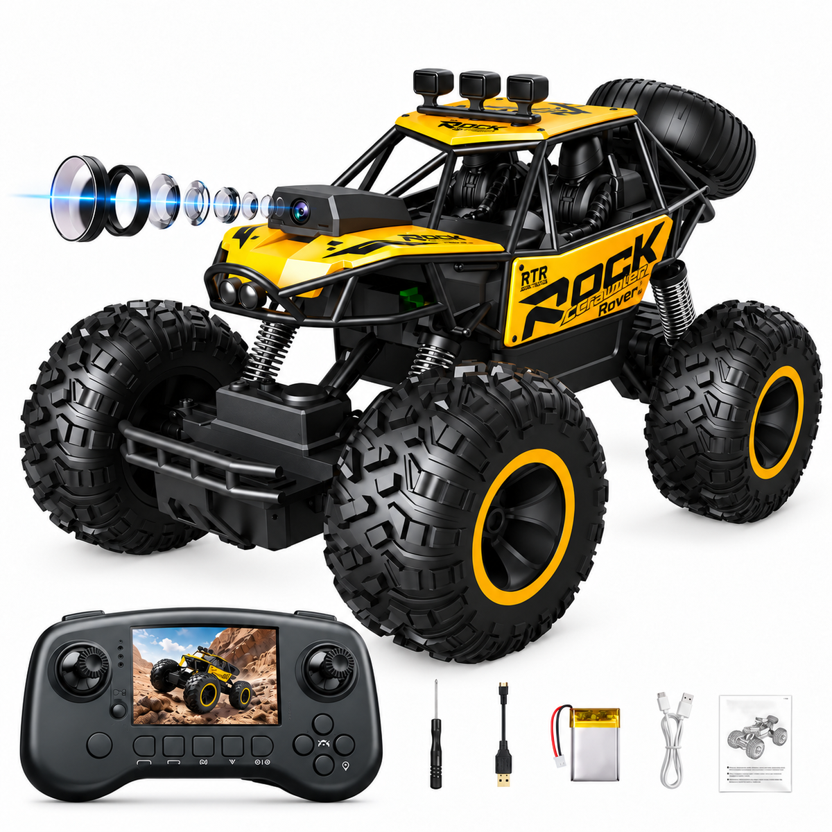 1:16 4WD RC Off-Road Rock Crawler with FPV Camera, Screen Remote & LED Lights
