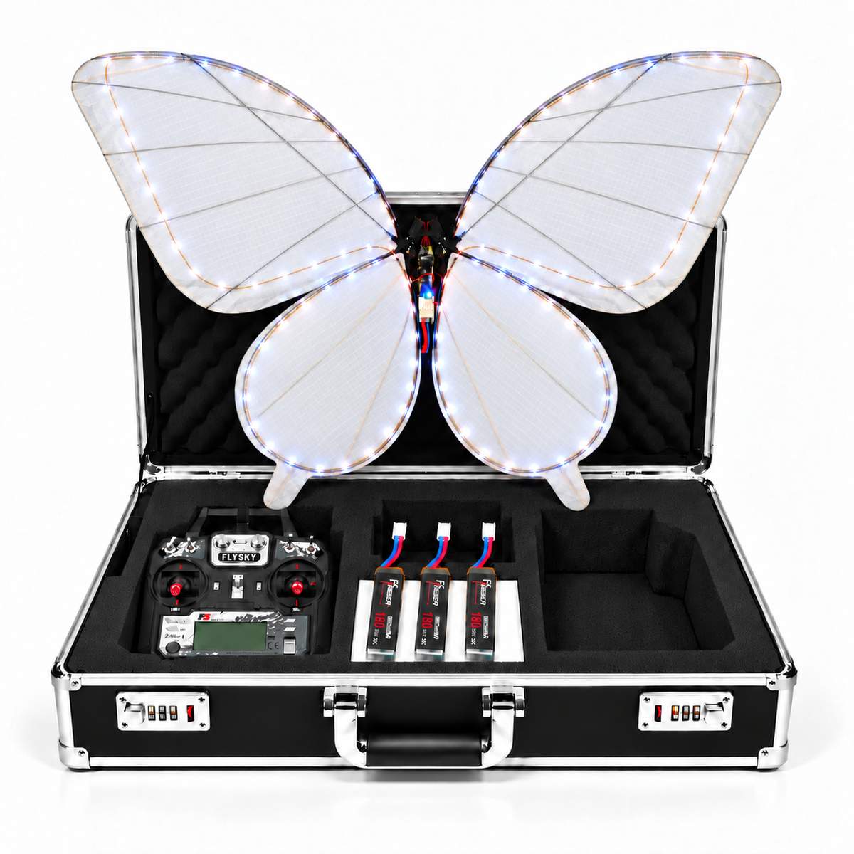 White RC Bionic Flapping-Wing Butterflies – Event Version | LED Lights, FlySky Transmitter & Aluminum Case (Copy)