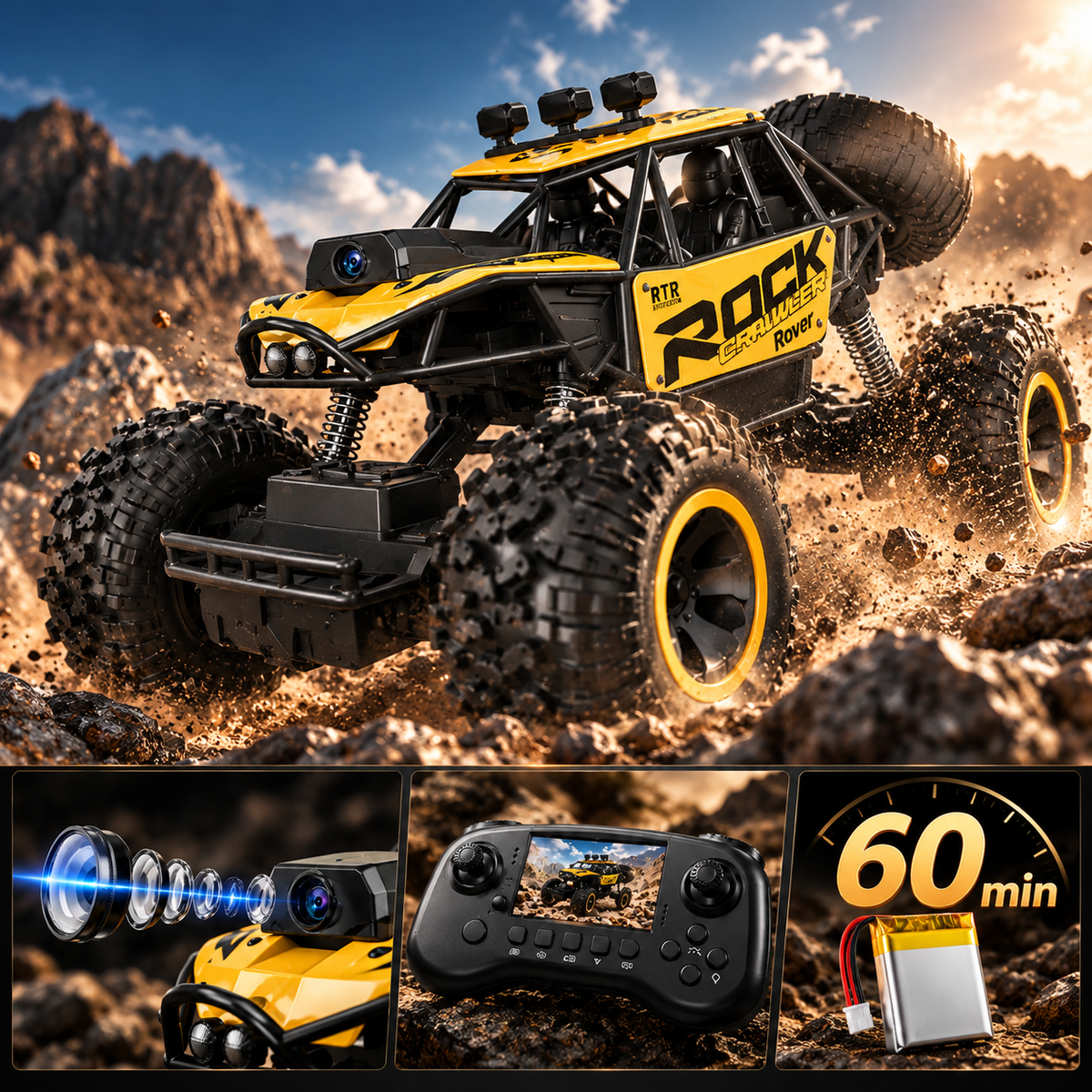 1:16 4WD RC Off-Road Rock Crawler with FPV Camera, Screen Remote & LED Lights